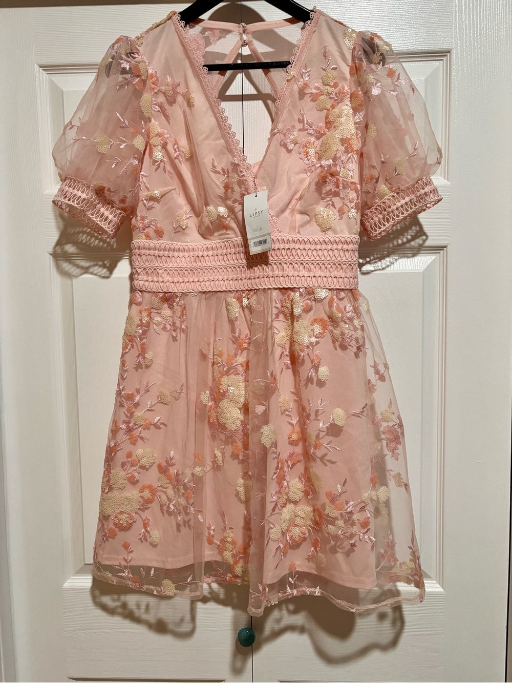 NEW Lipsy Pink Floral Mesh Sequinned Embroidered Skater Dress Size 8